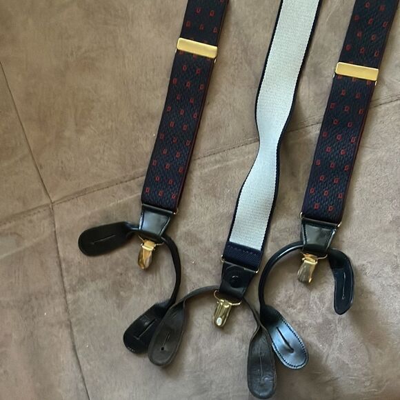 Vintage Austin Reed Navy / Red / Leather trim Suspenders / made in England - Picture 2 of 7